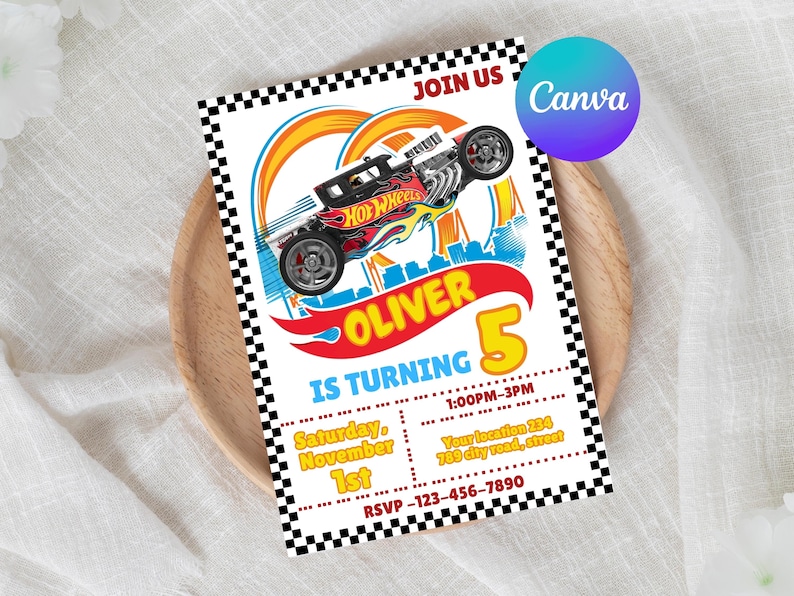 May include: A birthday invitation featuring a Hot Wheels car graphic. The invitation includes the text "OLIVER IS TURNING 5" with event details and RSVP information. The design incorporates a checkered border and a Canva logo.