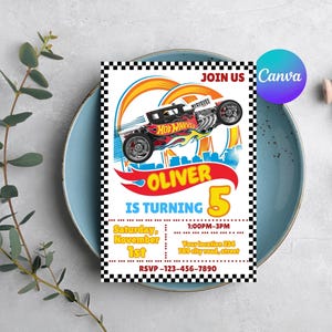 May include: A birthday invitation featuring a Hot Wheels car design. The invitation includes the text "OLIVER IS TURNING 5" with event details. The design incorporates a checkered border and a vibrant color scheme.