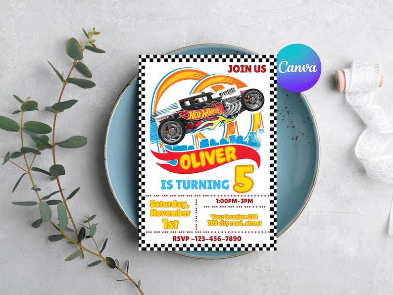 May include: A birthday invitation featuring a Hot Wheels car design. The invitation includes the text "OLIVER IS TURNING 5" with event details. The design incorporates a checkered border and a vibrant color scheme.