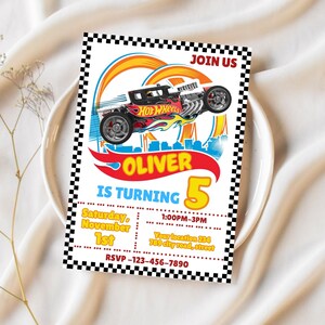 May include: A colorful Hot Wheels-themed birthday invitation. The design features a race car graphic with the text "OLIVER IS TURNING 5". Includes event details: date, time, location, and RSVP information. The invitation has a checkered border.