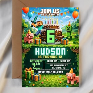 Invito per festa di compleanno a tema pixel block, invito per festa di compleanno per ragazzi a tema Minecraft, invito per giocatori, modello Canva di alta qualità