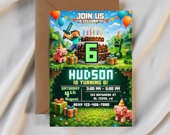 Pixel Block Birthday Party Invitation Template, MineCraffterr Boys Birthday Party Invite, Gamer Invitation, High Quality Canva Template