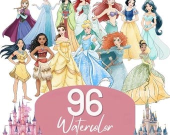 Princess Watercolor Bundle, Princesses PNG Cartoon Sublimation ClipArt's, all Princesses Birthday Movie Themed Clip Bundle PNG Collection