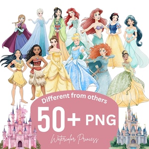 Princess Watercolor Bundle, Princesses PNG Cartoon Sublimation ClipArt's, all Princesses Birthday Movie Themed Clip Bundle PNG Collection