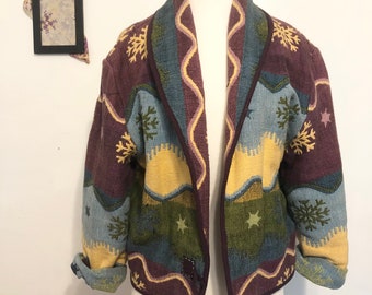OVERSIZED SOUTHWESTERN Boho 1990\u2019s 90s Vintage Acrylic Knit Shawl Collar Geometric Urban Western Cardigan Sweater Coat Jacket JJ Browne M L