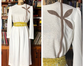 Vintage 70s Ivory and Taupe Dress with Textured Top