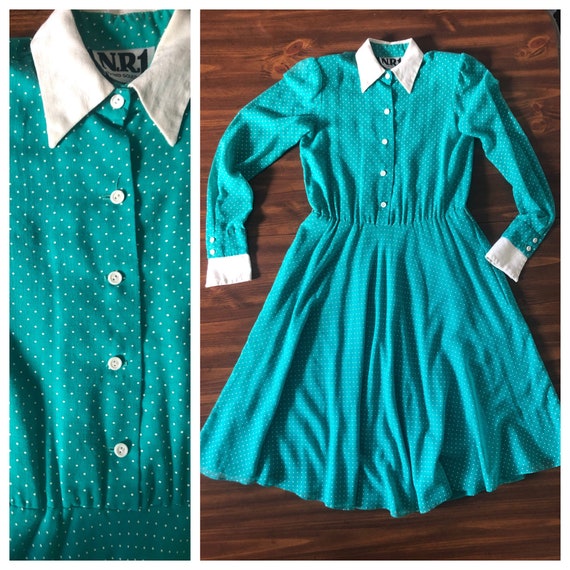 80s Does 50s Teal Polka Dot Dress - image 2