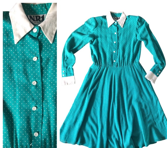 80s Does 50s Teal Polka Dot Dress - image 1