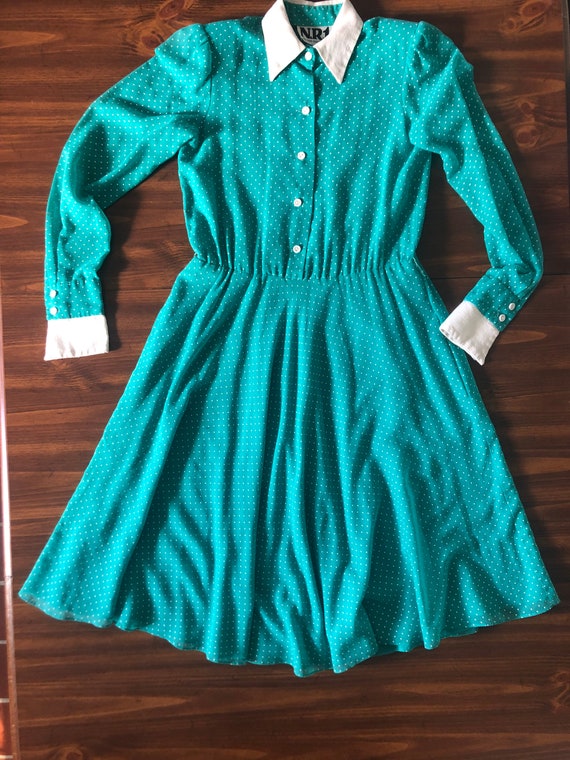 80s Does 50s Teal Polka Dot Dress - image 3