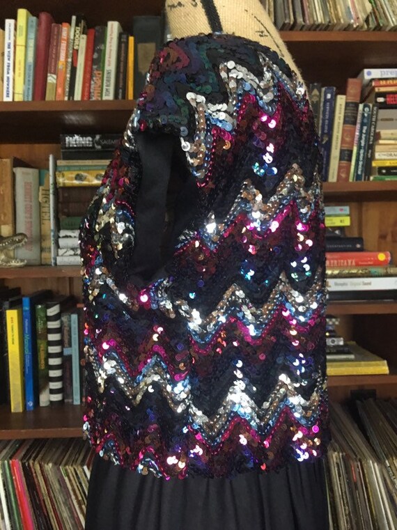 Vintage 1970s Dress w SEQUIN - Chevron Striped To… - image 7