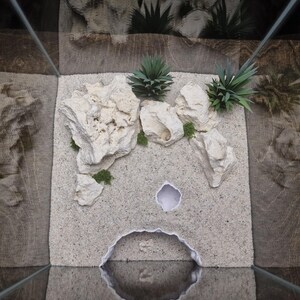 May include: A terrarium setup with a light-colored sand substrate, white rocks, and green artificial plants. The terrarium has a cave-like opening and a small hole. The background features a textured, brown surface.