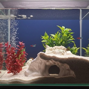 May include: A rectangular glass aquarium with a blue background, featuring red and green artificial plants, a white cave structure, and small fish. Bubbles rise from an air stone, creating an underwater scene.