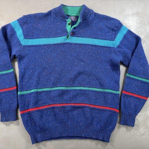 Vintage Pendleton Sweater Mens XL Blue Striped Henley Mock Neck USA 80s 90s