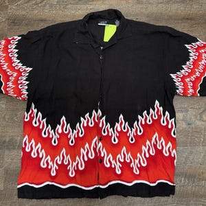 Vintage JET Strtw Y2K 2000s Red Flame Fire Button Up Rave Rayon Shirt XL