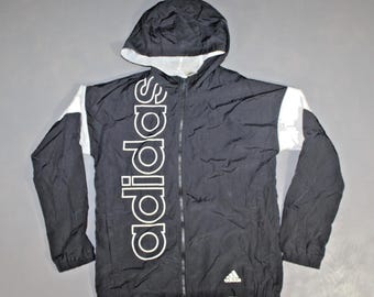 Vintage Adidas Jacket Windbreaker Youth Large Hooded Zip Black White Stripe Boys