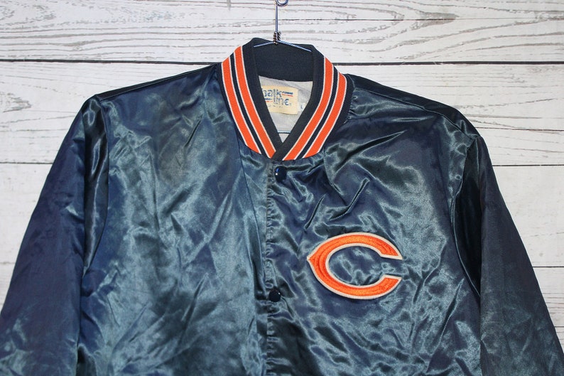 Chicago Bears Vintage Sewn Patch Retro Graphic Chalk Line Satin Silk Bomber Dugout Jacket Coat