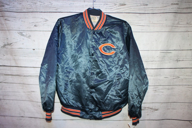 Chicago Bears Vintage Sewn Patch Retro Graphic Chalk Line Satin Silk Bomber Dugout Jacket Coat