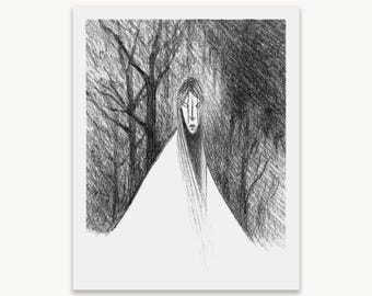 May include: A black and white charcoal drawing depicting a central figure with long hair and a pale face, wearing a white garment. The figure is positioned against a dark, textured background of dense, leafless trees and deep shadows.