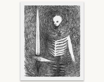 Puede incluir: Un dibujo al carboncillo en blanco y negro sobre fondo blanco que muestra una figura esquelética emergiendo de texturas oscuras y arremolinadas. La figura sostiene una espada larga y puntiaguda en posición vertical junto al cráneo.