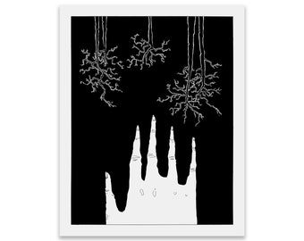 Puede incluir: Ilustración en blanco y negro de una mano con dedos largos que se estiran hacia arriba hacia cuatro formas abstractas que cuelgan de la parte superior de la imagen.