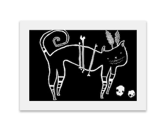 May include: Black and white illustration of a cat with a mischievous grin, wearing a feather headdress and tied up with bones. Two small skulls are on the ground.