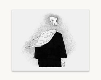 May include: A black and white charcoal-style drawing featuring a figure with a mask-like face, wearing a dark solid garment with a draped white cloth over the shoulder. The background consists of textured, sketchy graphite shading.