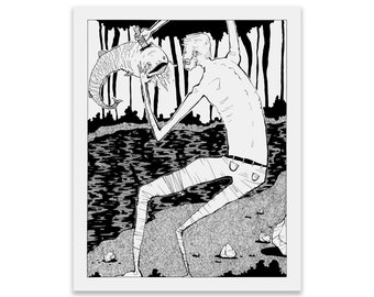 May include: Black and white illustration of a person holding a large fish with a knife. The person is standing in a forest setting near a body of water.