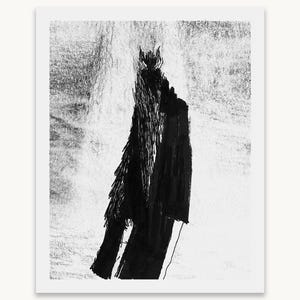May include: A black and white art print featuring a tall, shadowy figure rendered in dense, vertical ink strokes. The figure has a pointed, horned silhouette and appears to be wearing a long, textured coat, set against a light, mottled background.