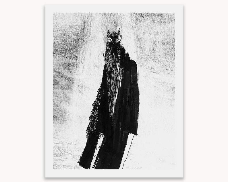 May include: A black and white art print featuring a tall, shadowy figure rendered in dense, vertical ink strokes. The figure has a pointed, horned silhouette and appears to be wearing a long, textured coat, set against a light, mottled background.