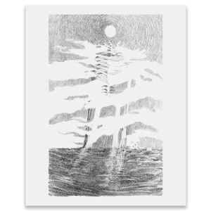 May include: A black and white pencil drawing of a tall tree with a full moon in the background. The tree is silhouetted against the moon and the sky. The drawing is done in a realistic style.