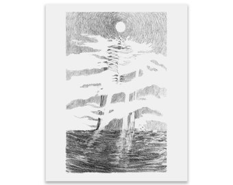 Skeleton art print, 8x10. Surreal folk macabre illustration, ghostly skeletal creature appearing in foggy lake. Morbid occult pencil drawing