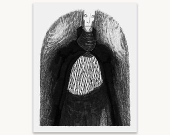 May include: A black and white charcoal-style illustration of a tall, thin figure with a stitched mouth, wearing a dark high-collared cloak over a textured, cross-hatched patterned garment, set against a dark, arched, textured background.