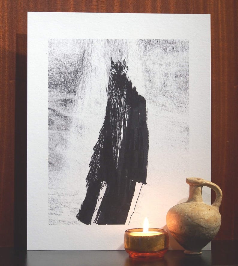Ghost art print - Dark fantasy pen and ink folk horror drawing of haunting undead phantom wraith - Creepy occult style gothic wall decor