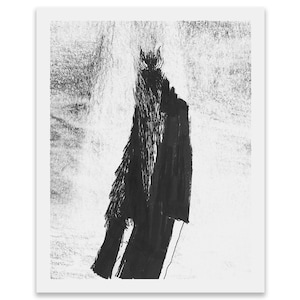 Wydruk sztuki ducha - Mroczny rysunek fantasy wykonany piórem i tuszem w stylu ludowego horroru przedstawiający nawiedzającego nieumarłego widmowego ducha - Mroczna dekoracja ścienna w stylu okultystycznym w stylu gotyckim