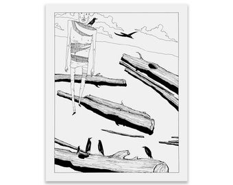 Desert island art print, 8x10. Outdoorsy pen and ink illustration of stranded castaway and ravens. Lonely wilderness survival folk artwork.