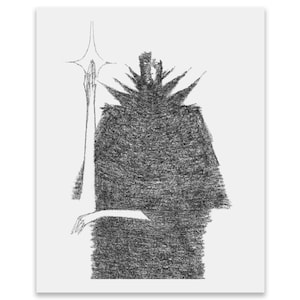 May include: A black and white pencil drawing of a figure with a long, pointed hat and a long, thin arm holding a star. The figure is wearing a long, flowing robe.