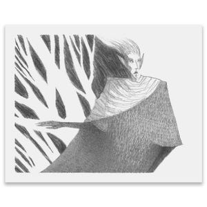 Puede incluir: Un dibujo a lápiz en blanco y negro de una persona con orejas puntiagudas y cabello largo que lleva una capa. La persona está de pie frente a un fondo de árboles.