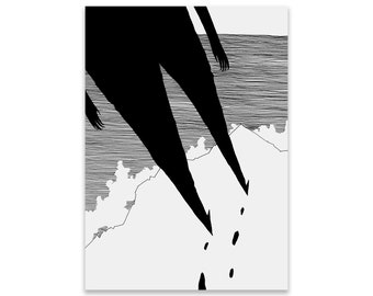 Seaside cliff art print, 5x7. Pen and ink line drawing, adventurous explorer hiking above ocean coast. Traditional artwork folk illustration