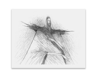 May include: A black and white pencil drawing of a person in a long robe with their arms outstretched. The drawing is done in a loose, gestural style, with a lot of emphasis on the lines and textures of the fabric.