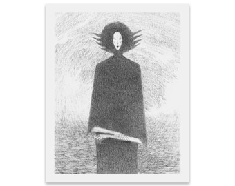 Impresión artística de Death Mage: Ilustración de fantasía gótica hipnótica de un hechicero fantasmal en un mar de niebla: Espíritu sepulcral inquietante del reino de las sombras.