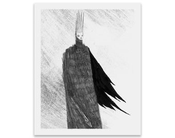Puede incluir: Ilustración en blanco y negro de una figura con corona y capa. La obra presenta un rostro esquelético y una estética oscura y amenazante. El estilo recuerda a un boceto a lápiz.