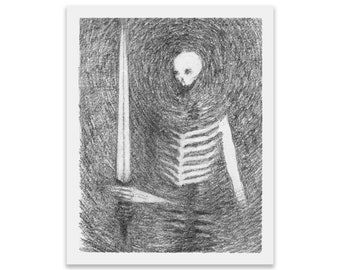Gott des Todes Kunstdruck - Makabere gotische Illustration von Skelett und geisterhaftem Schwert - Dunkle okkulte Zeichnung eines uralten Gespensts der Toten