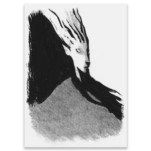 May include: Black and white illustration of a creature with long flowing hair. The artwork features a detailed face with a serene expression, set against a textured, gray background. The style is reminiscent of a woodcut or linocut print.