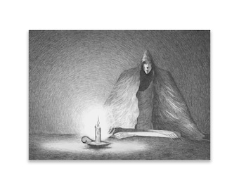The Visitor art print, 5x7. Dark fairytale illustration of mysterious stranger in candlelit tavern, old gothic fantasy and storybook style