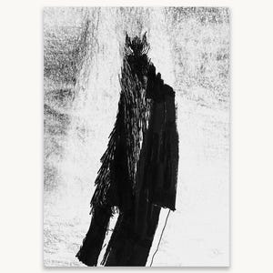 May include: A black and white art print featuring a stylized, abstract figure rendered in heavy, expressive ink strokes. The central form is tall and dark, with textured, vertical lines creating a sense of depth and movement against a light background.