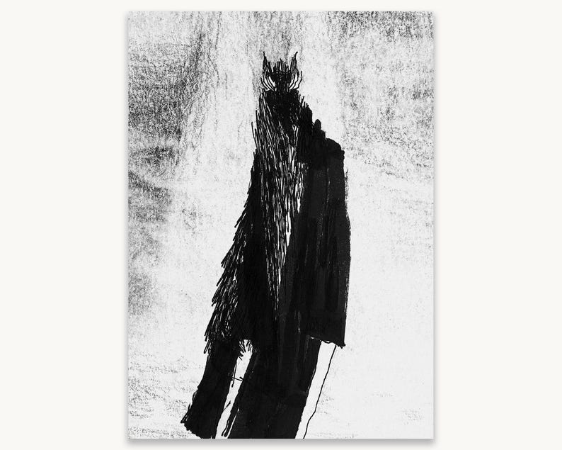 May include: A black and white art print featuring a stylized, abstract figure rendered in heavy, expressive ink strokes. The central form is tall and dark, with textured, vertical lines creating a sense of depth and movement against a light background.