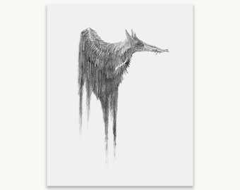May include: A black and white graphite drawing of a creature with a pointed snout and ears, resembling a wolf or fox. The body is composed of dense, vertical, downward-dripping lines that create a textured, frayed appearance.