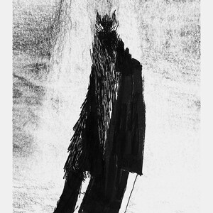 May include: A black and white ink drawing on a textured paper background. The artwork features a tall, abstract figure rendered in dense, vertical black lines and solid ink strokes, creating a dark, layered silhouette against a light gray surface.