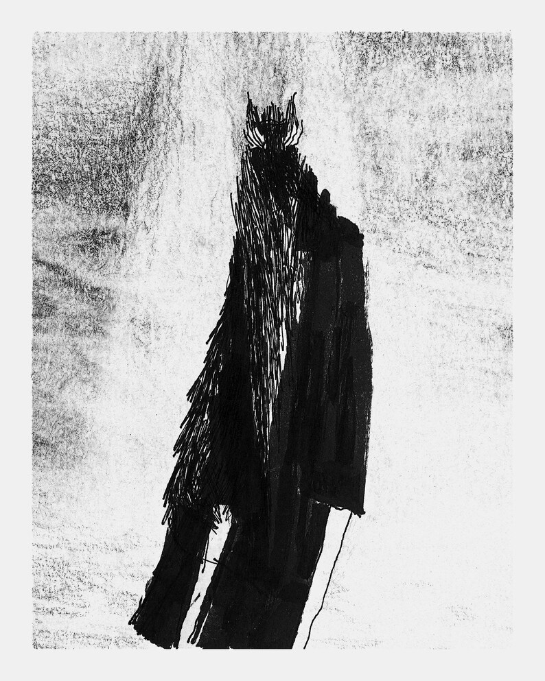 May include: A black and white ink drawing on a textured paper background. The artwork features a tall, abstract figure rendered in dense, vertical black lines and solid ink strokes, creating a dark, layered silhouette against a light gray surface.