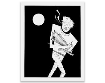 Night moon art print, 8x10. Pen and ink nature drawing, man collecting firewood in darkness under full moon. Rustic adventure illustration.